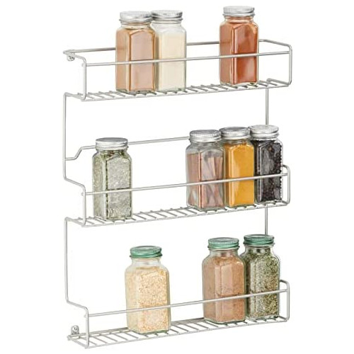 mDesign 메탈 Self-Adhesive Wall Mount Kitchen Spice Bottle Rack Holder Food Storage Organizer Cabinet Cupboard Pantry Shelf - Holds Spices Jars Baking Supplies Cans 3 Tier 그라파이트 Gray