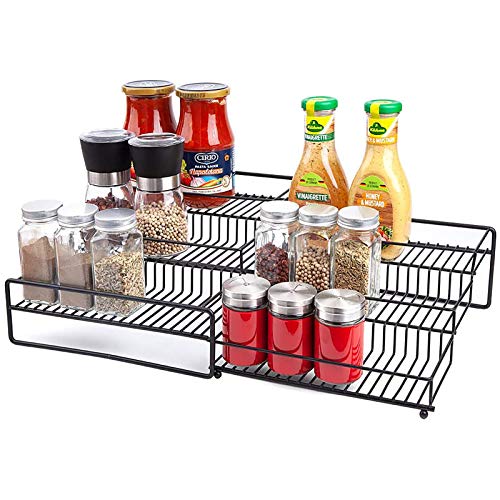 Mocreo 3 Tier Spice Rack Organizer Cabinet Expandable Pantry Kitchen Storage-Step Shelf Protection Railing,Black