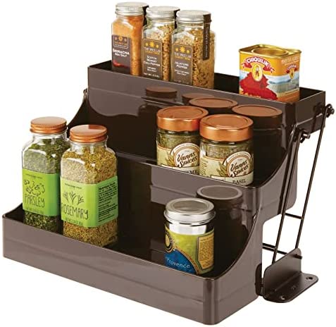 mDesign Plastic 3 Tier Pull Down Spice Rack - Easy Reach Retractable Large Capacity Kitchen Storage Shelf Organizer Cabinet Pantry -Holder Seasoning Jars Bottles Shakers Charcoal/Black