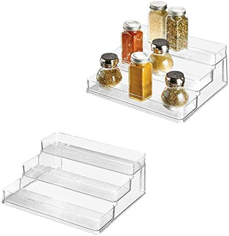 iDesign 64140 Linus Plastic Expandable Multi-Level Spice Rack 3-Tiered Customizable Organizer Kitchen Bathroom Office Cabinet Countertop 26.29" x 9.50" 4.11" extended Clear