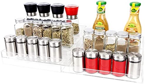 AmoVee 3 Tier Expandable Spice Rack Organizer Cabinet/Countertop/Pantry Kitchen Storage Shelf Protection Railing Acrylic Transparent
