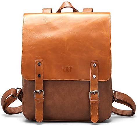 LXY Vegan Leather Backpack Vintage Laptop Bookbag for Women Men, Black Faux Leather Backpack Purse College School Bookbag Weekend Travel Daypack
