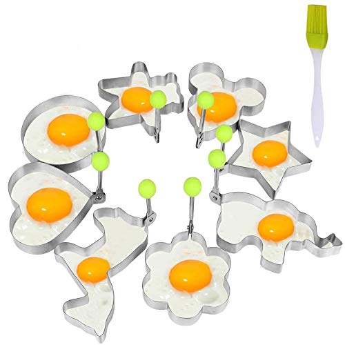 Pancake Mold for Kids, Kmeivol Reusable Pancake Mold, Egg Mold of Different Egg Shapes, Fried Egg Mold - 8pcs Different Shapes Stainless Steel Fried Egg Molds with 1pc Silicone Pastry Brush- Set of 9
