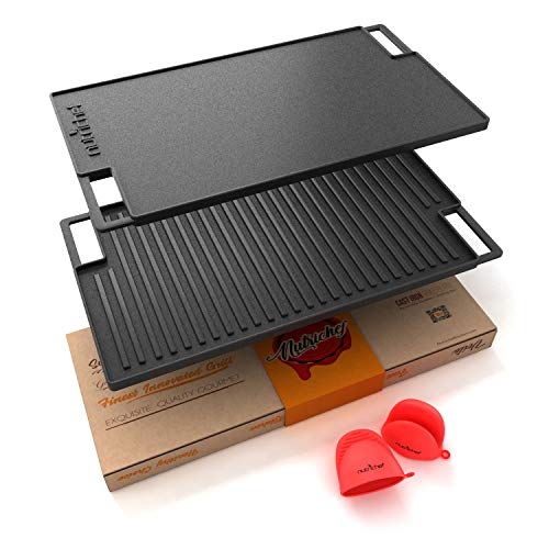 NutriChef Cast 아이언 Reversible Grill 플레이트 - 18 Inch Flat Skillet Griddle Pan Stove Top Gas Range Grilling w/ Silicone Oven Mitt Electric Stovetop Ceramic Induction.