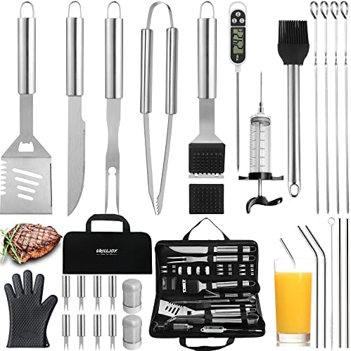 grilljoy 30PCS BBQ Grill Tools Set with Thermometer and Meat Injector. Extra Thick Stainless Steel Spatula, Fork& Tongs - Complete Grilling Accessories in Portable Bag - Perfect Grill Gifts for Men