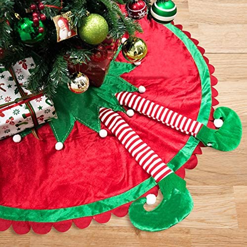 크리스마스 트리 스커트 TangJing 60 inch Big Size Elf Christmas Tree Skirt Candy Striped Legs Ripple Trim Border Xmas Elves Themed Decoration Santa Helper Under Ideas Holiday Party D&eacutecor