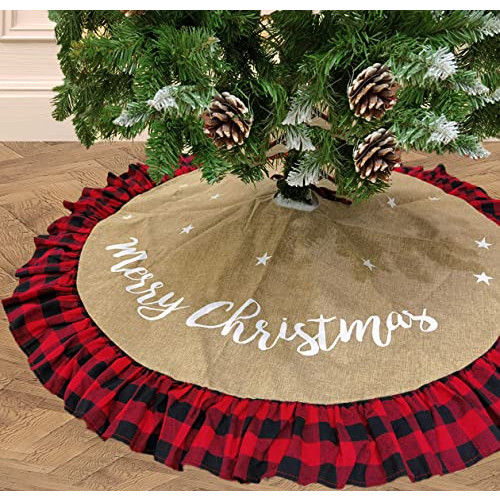 크리스마스 트리 스커트 AISENO 48 Inch Christmas Tree Skirt Linen Burlap Buffalo Plaid Edge Decoration Merry Party Red 매트 Decorations