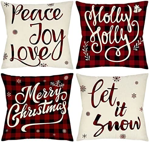 Christmas Decorations Clearance Pillow Covers 18 x 18 Inch Set of 4 Farmhouse Christmas Decor Indoor Outdoor Black and Red Buffalo Check Plaid Xmas Throw Pillow Decorative Cushion Cases for Couch