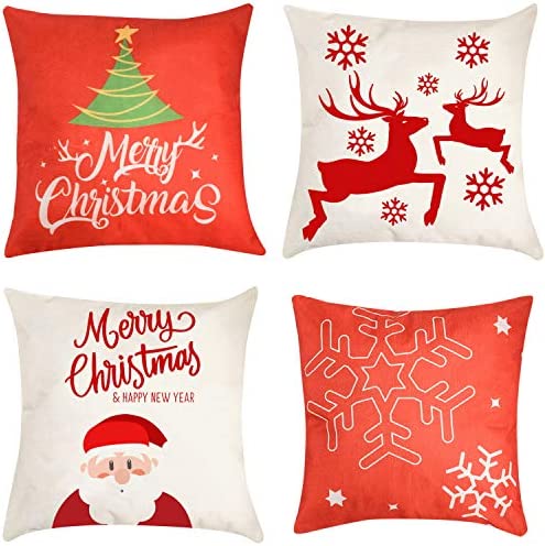 Christmas Pillow Cover Decorations - 4 PCS 18x18 Christmas Decorative Couch Pillow Cases Cotton Linen Pillow Square Cushion Cover for Sofa, Couch, Bed and Car (Red) (Red)