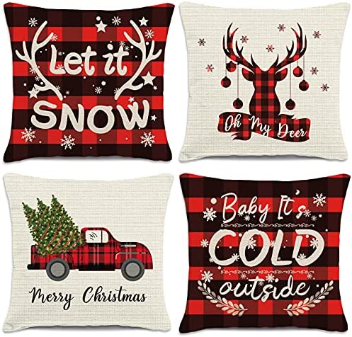 HAJACK Christmas Pillow Covers & Christmas Decorations, Throw Pillow Covers 18x18 Set of 4 with Red Buffalo Plaid Truck & Farmhouse & Deer Pattern, Soft Linen Fabric, Great Gift for Christmas