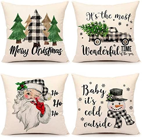 Christmas Pillow Covers 18x18 Set of 4 Farmhouse Christmas Decor Red Black Buffalo Plaids Winter Holiday Decorations Throw Cushion Case for Home Couch(Tree, Rustic Truck, Santa Claus, Snowman Quote)