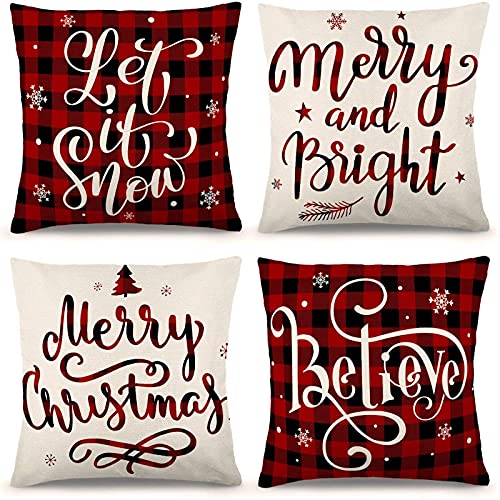 크리스마스 필로우 커버 18x18 Inch 세트 4 Farmhouse 매트 Red Buffalo Plaid Pillow Holiday Rustic Linen 케이스 Sofa Couch Christmas Decorations Throw 커버만 제공