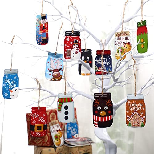 크리스마스 장식품 24 Pieces Christmas Tree Ornaments Wooden Mason Jar Shaped 우드 Hanging Slices Pendants Embellishments Tags Wall Party Decoration