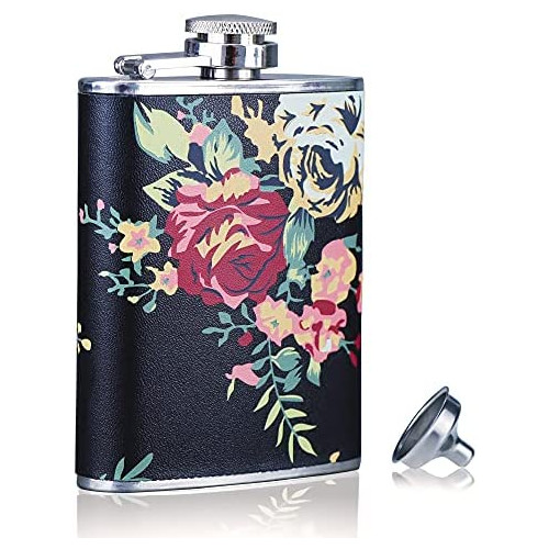 Women Mini Hip-Flask for Liquor Cute Rose-Print Flasks Funny Liquor Flask Stainless Steel Wine Flask with Funnel 3 OZ