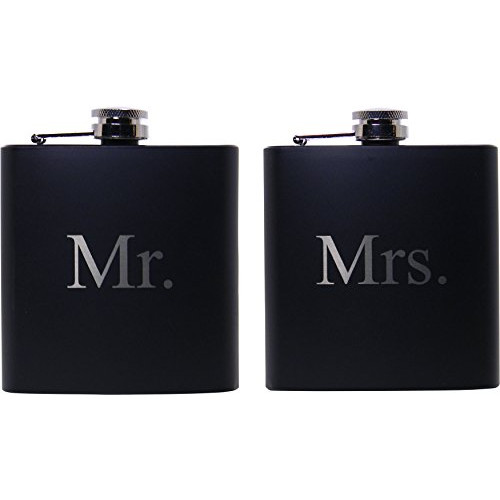 Mr. and Mrs. 6 oz Stainless Steel Black Matte Wedding Flask Set - Great Groommans or Bridal Wedding Gift for Newlyweds, Couples, and Christmas Gifts