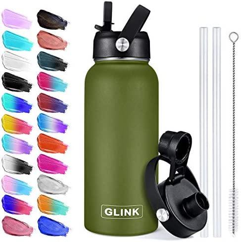Glink 스테인레스 스틸 Water Bottle Straw 32-40 oz Wide Mouth Double Wall 진공 단열 Leakproof Lid Spout New Rotating Rubber Handle
