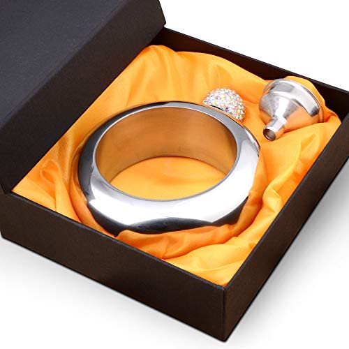 Liquor 플라스크 여성 Funnel - 스테인레스 스틸 Bangle Bracelet Hidden 세트 3.5OZ Rhinestone Lid Alcohol Wrist Jewelry-Perfect 선물 실버 Crystal