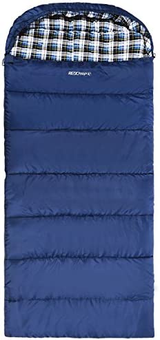 REDCAMP Flannel Sleeping Bag for Adults, Comfortable Cotton Sleeping Bags for Camping with Detachable Hood, Red/Grey/Blue