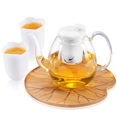 티포트 주전자 ZENS Glass Teapot Set,47 Ounce Clear BorosilicateTea Pot with White Porcelain Infuser and 2 Teacup for Blooming Loose Tea with Serving Tray
