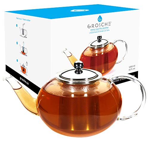 티포트 주전자 GROSCHE Joliette Glass Teapot with Stainless Steel Loose leaf tea Infuser 1250 ml / 42 fl. oz. for loose tea or blooming tea