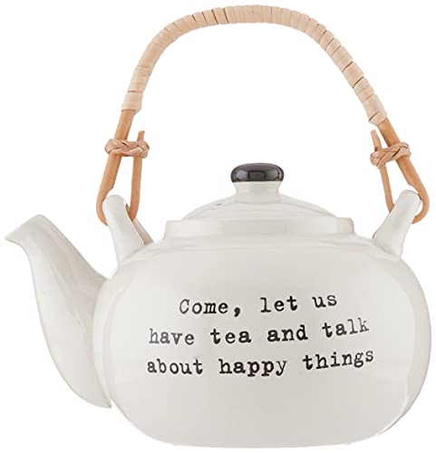 티포트 주전자 Bloomingville Stoneware Pot, Come, Let Us Have Tea and Talk About Happy Things with Bamboo Handle, 32 Ounce, Cream