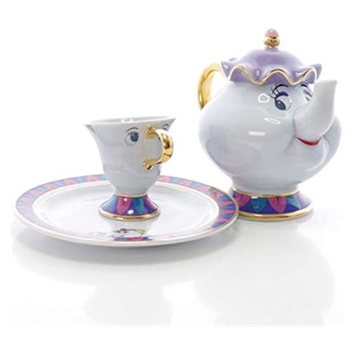 Cartoon Beauty And The Beast Tea Set Teapot Cup Mrs Potts Sugar Pot Bowl Chip Mug Plate Saucer Kettle Milk Coffee Creative Gift (Color : 1 Pot 2 Cup 1 Sugar)