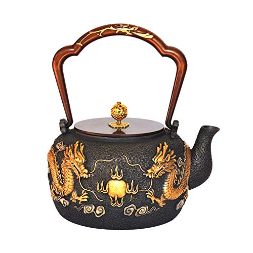DGYAXIN Beautiful Cast Iron Teapot - Double Dragon Play Beads Handmade Vintage Iron Teapot Tea Set - 1200ml/42oz