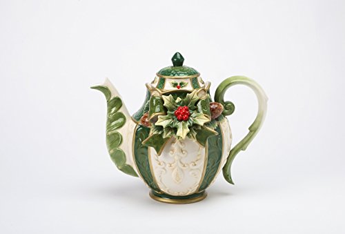 Cosmos Gifts 10309 Fine Ceramic Christmas Emerald Green Holidays Holly Berry with Pine Cone Design Teapot, 9 1/4 L