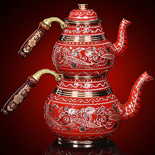 Vintage Copper Turkish Teapot Tea Kettle Pots Set for Stovetop Stove Top Decorative Party Floral Serving Cups Glasses Maker Kitchen Gift Women