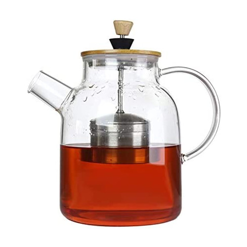 Glass Tea Pot with Bamboo Lid & SUS304 Stainless Steel Tea Infuser Filter, 34oz Stovetop Safe Tea Kettle for Loose Tea