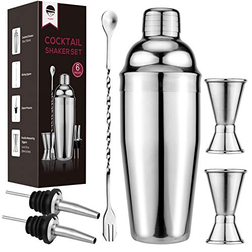 25 oz Cocktail Shaker 18/8 Stainless Steel Martini Bartender Shaker Drink Shaker Mixer Bar Set with 2 Double Measuring Jiggers, Mixing Spoon and 2 Liquor Pourers