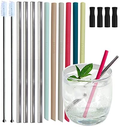 Reusable Short Small Silicone 5.5 &Metal 6 Stainless Steel Stirrer Drinking Straws Set for Coffee/Moscow Mule Mug, Cocktail lowball Glasses, Kids Toddler Baby Cup, Wine Tumbler,Bar-With Silicone Tip