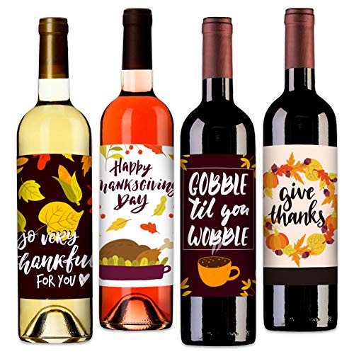 Hohomark 세트 4 Thanksgiving Wine Bottle Labels Party Decorations Stickers,Give Thanks Gobble Til You Wobble 커버 선물세트 Decor Supplies