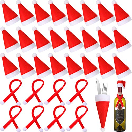 60 Pieces 미니 Christmas Santa Hats Scarves Bottle 커버 Xmas Wine Decorations Candy Silverware Holders