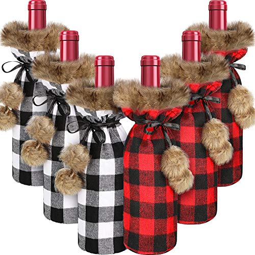 6 Pieces Christmas Buffalo Plaid Wine Bottle 커버 Holder Sweater Faux Fur Pouch Bags Party Decorations Red Gray