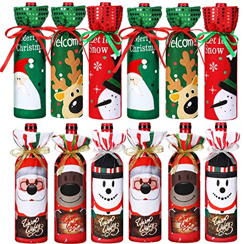 12 Pieces Christmas Wine Bottle Bags Sweater Dress Christmas&nbspWine Sleeve Burlap Santa Claus 커버 Reindeer Drawstring Dining Table Decorations