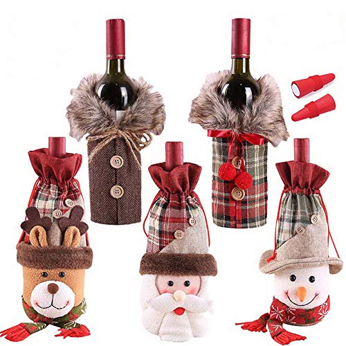 Holiday/Christmas Wine Bottle Covers/Bags 세트 7 Checkers & herringbone 커버 Faux Fur Collar Santa Clause Snowman Reindeer Drawstring Bags Stoppers Silicone Christmas Decor Gift