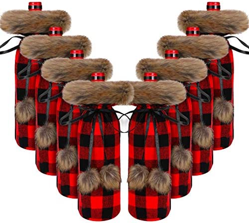 8 Pieces Buffalo Plaid Wine Bottle 커버 Christmas Faux Fur Sweater Holder Pouch Bags Dinner Party Ornament Red Black