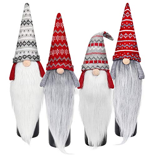 D-FantiX Christmas Gnome Wine Bottle 커버 4팩 Handmade Tomte Swedish Gnomes Toppers Decorative Santa Scandinavian Plush Decorations Holiday Dining Table Decor Party Gift