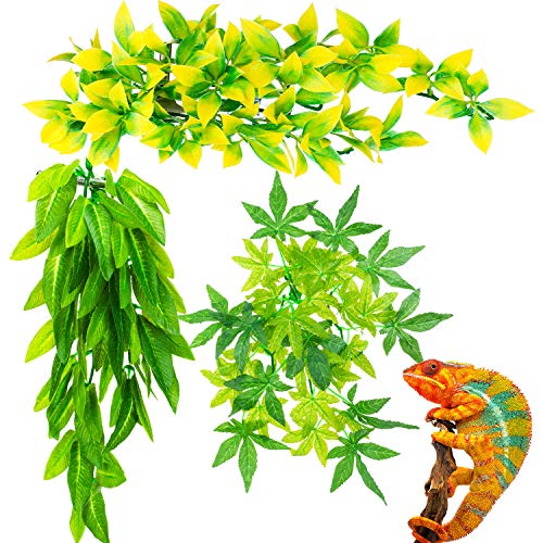 3 Pieces Artificial Reptile Plants Reptiles Terrarium Leaves Plastic Hanging Habitats Plant Decorations Suction Cups Hermit Crab Lizards Geckos Snake