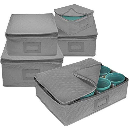 Sorbus 5-Piece Dinnerware Storage Square Set, Service for 12, Quilted Protection, Includes Felt Protectors and Cardboard Dividers for Plates, Cups, Fine China (Square Storage - Gray)