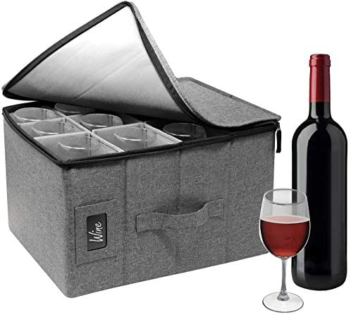 Sorbus Stemware Wine Glass Storage Hard Shell Box - Deluxe Padded Quilted Case with Dividers - Service for 12 - Great for Protecting or Transporting Wine Glasses, Champagne Flutes, Goblets, (Gray)