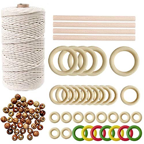 Natural Macrame Cord 3mm x 100m/109 Yards Rope 소프트 Cotton 100 pcs 우드 Beads 32 Ring 4 Wooden 스틱 Kit Strands Twisted