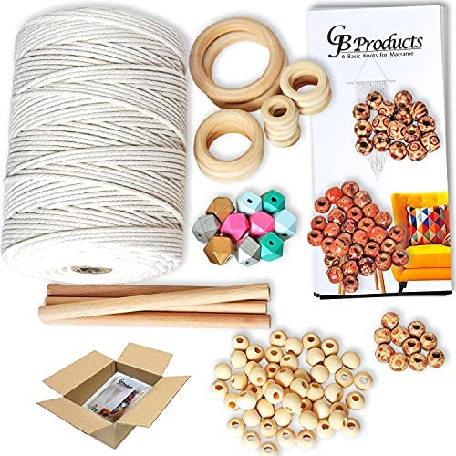 Macrame Kit - 219 Yards Cotton Cord 3mm -132 Pcs Supplies Natural Rope Wooden 스틱 Hoops Rings Colored Beads & Book Kits 성인 Beginners