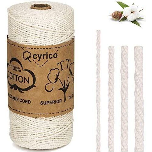 cyrico Macrame Cord 3mm x 252 Yards 100% Natural Unbleached Cotton Rope - 3 Strands Twisted Wall Hangings Plant Hangers 선물 Wrapping Wedding Decorations