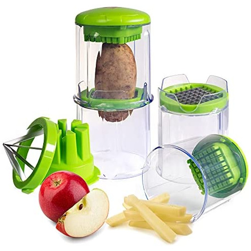 EZFries 2.0 X3001 French Fry Vegetable Cutter Kitchen Gadget with Super Sharp Stainless Steel Blades, Crisp Perfect Cuts. Slices Tomatoes,Cucumber,Onion,BONUS Apple Slicer,Easy Clean Storage