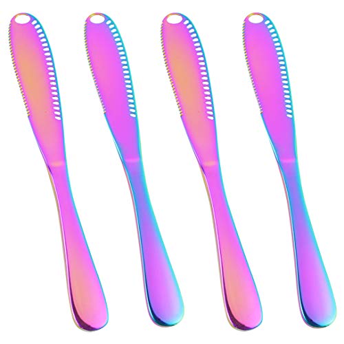 JUCOXO Rainbow Butter Knife Spreader Set 4 Pack, Stainless Steel Multi Function Serrated Edge Butter Knives, Dishwahser Safe