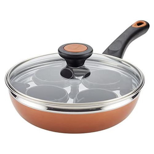 Farberware Glide Ceramic Nonstick Dishwasher Safe Egg Poacher Pan/Skillet with 4 Poaching Cups and Lid, 8 Inch, Black