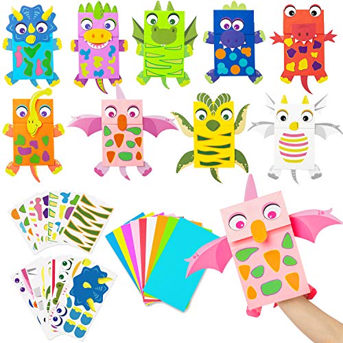 WATINC 9Pack Dinosaur Paper Hand Puppets Dino 아트 Craft Sock Puppet DIY Make Your Own Kits Early Learning 교실 Family Storytelling Games Pretend Party Supplies Toddles 소년 Girls