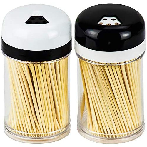 DecorRack 2 Toothpick Dispensers with 400 Natural Wood Toothpicks for Teeth Cleaning, Holding Small Appetizers, Cocktails, and Crafts, Plastic Toothpick Holder with Adjustable Pour Holes (Set of 2)